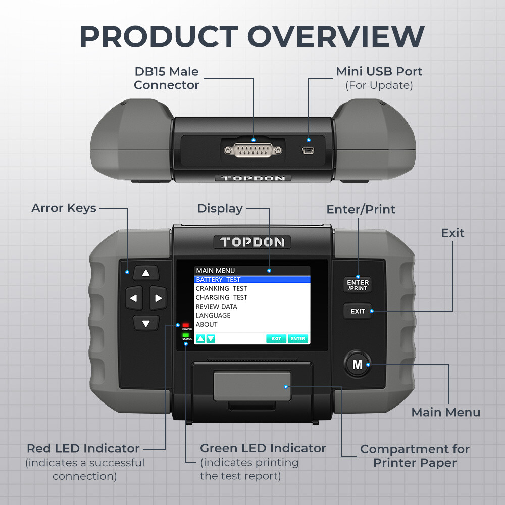 TOPDON BT600 Battery Tester Load Test Tool & Thermal Printer with Printer Paper