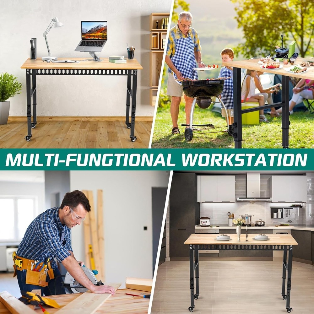 48" Adjustable Height Heavy-Duty Workbench - 2000 lbs Capacity & Lockable Wheels