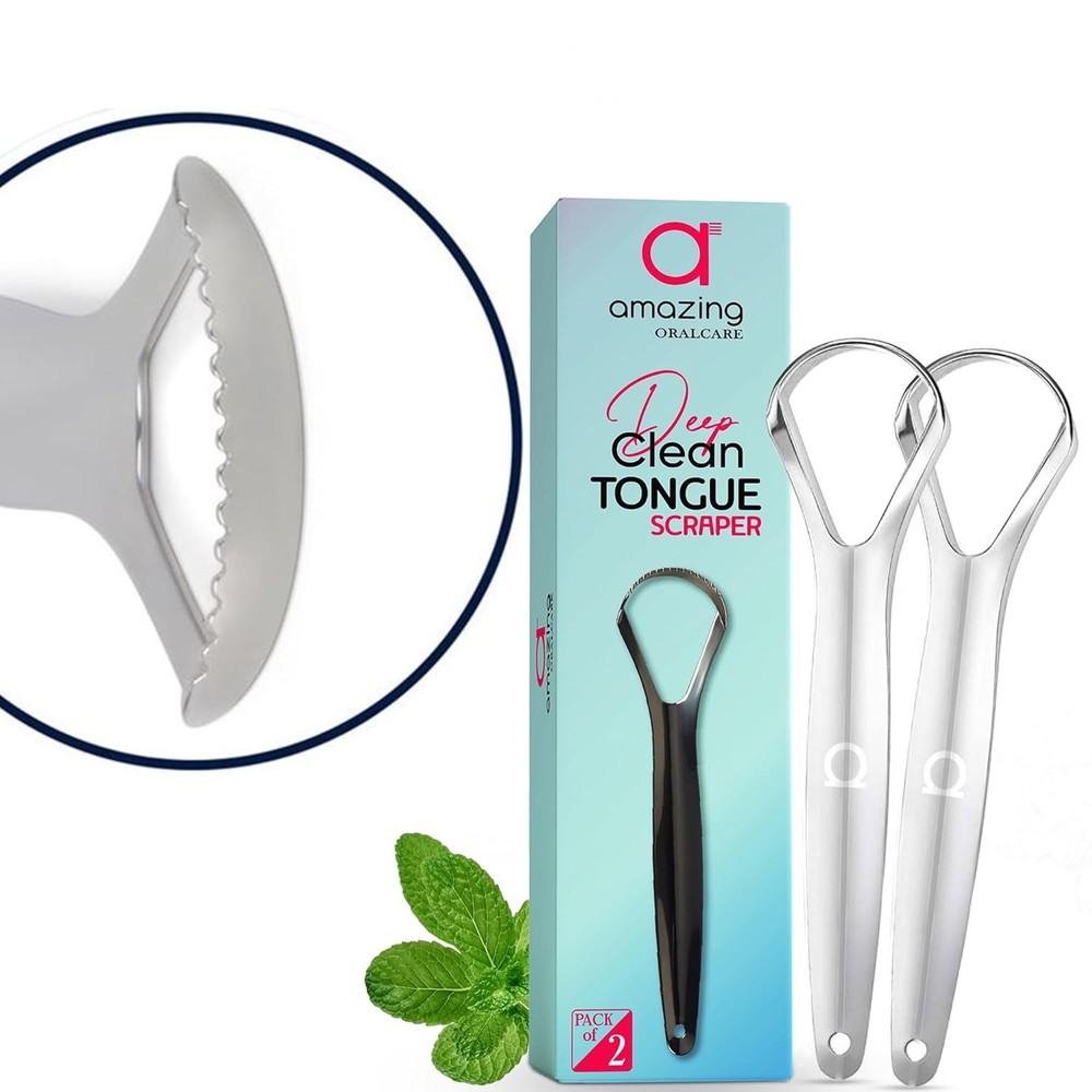 Deep Clean Tongue Scraper- Double-Ended - Flat + Serrated Edge Design 2pk Sta...