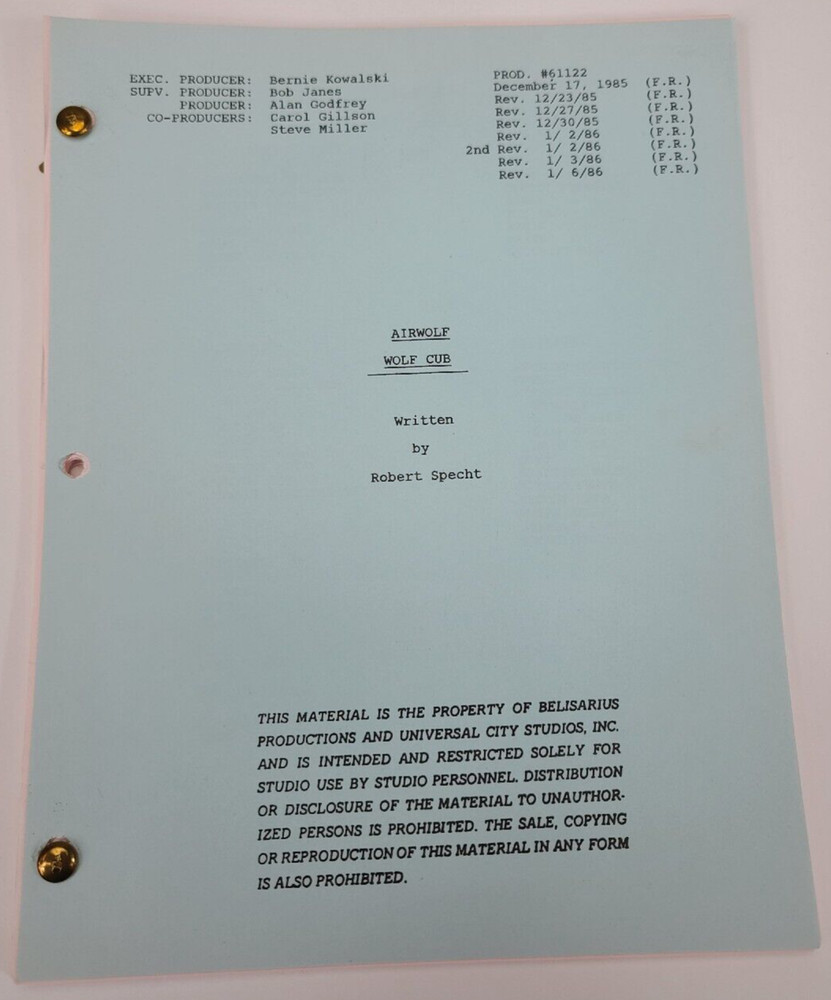 AIRWOLF / Robert Specht 1986 TV Script, Jan-Michael Vincent "Little Wolf"