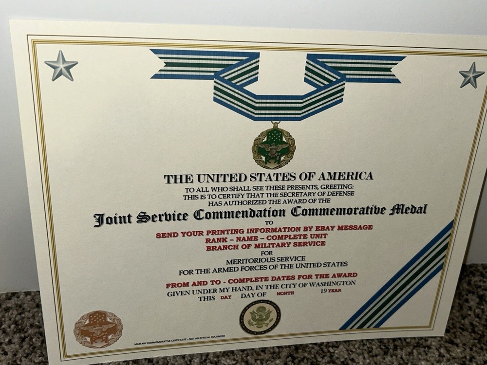 JOINT SERVICE COMMENDATION MEDAL COMMEMORATIVE CERTIFICATE ~TYPE-2 w/PRINTING