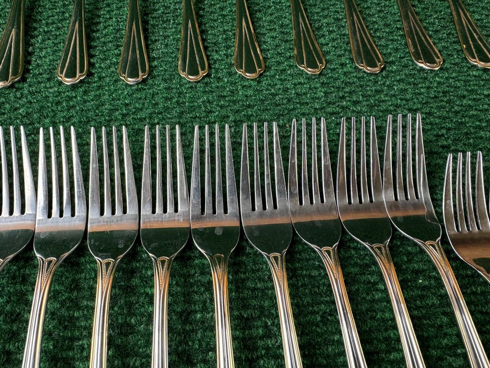 Hampton Silversmiths HSV209 Gold Accent Beaded Flatware 68 Pieces