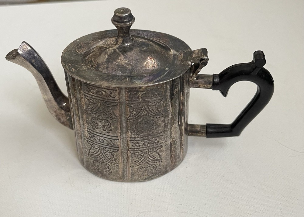 Silverplate Teapot Circa 1800 Black Handle Hinged Lid