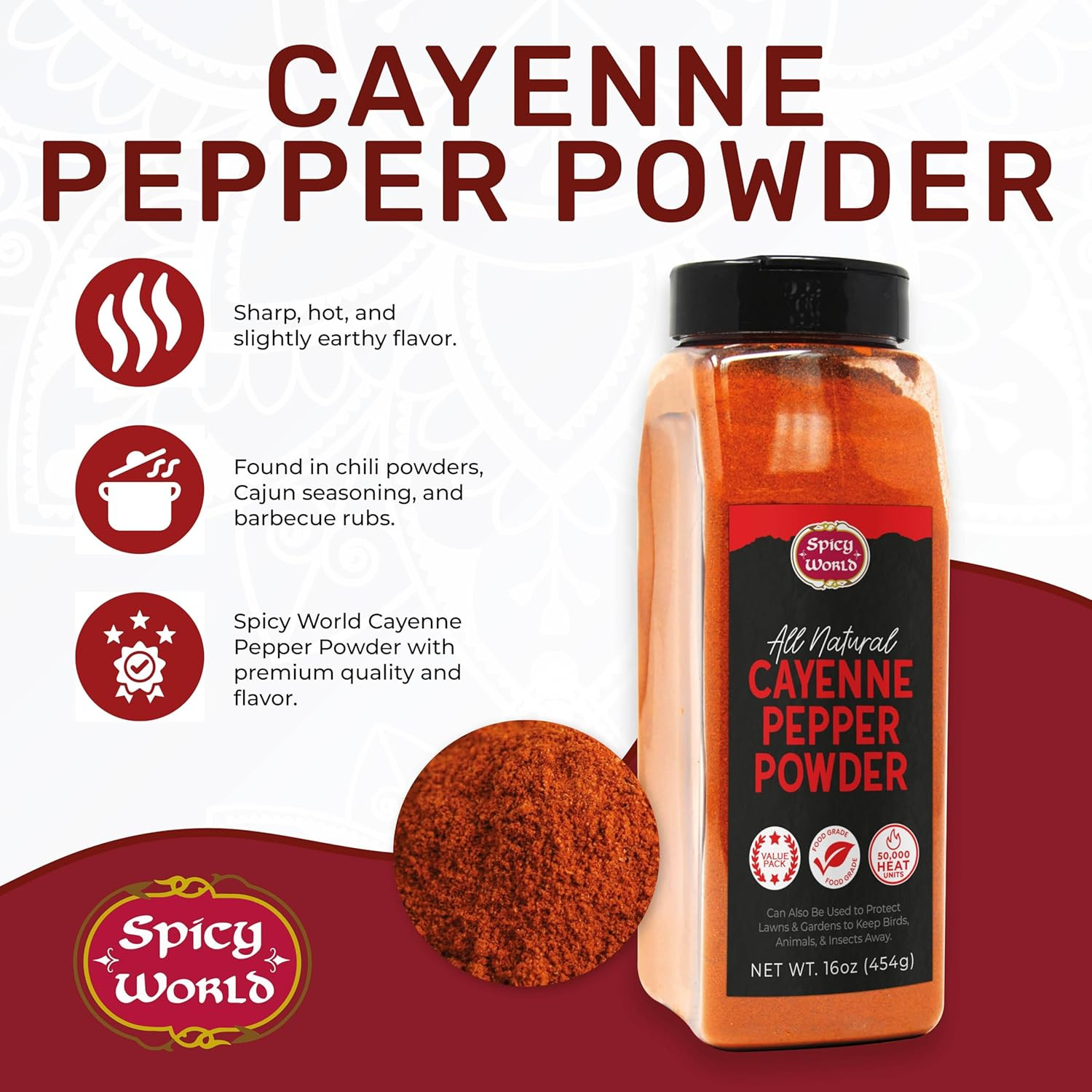 Cayenne Pepper Powder 16oz Jar - 50,000 SHU, Gluten Free, All Natural Red Pepper