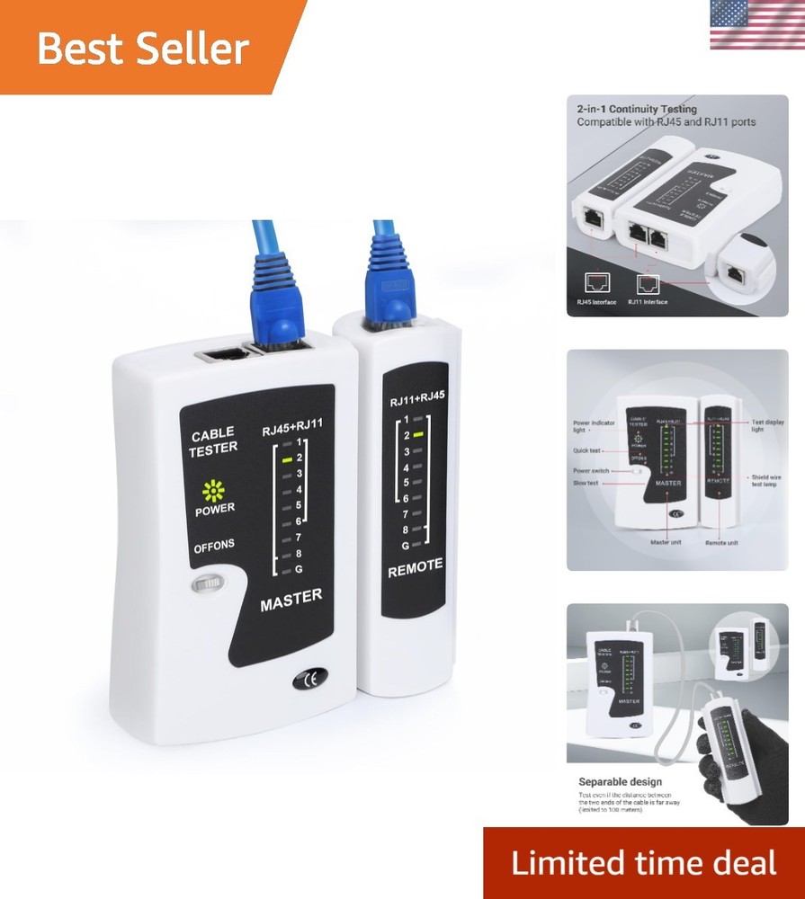 Essential RJ45 Network Cable Tester with Automatic Diagnostics, 100m Range