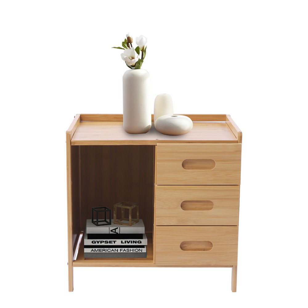 3 Drawers Bamboo Bedside Table Storage Box Bedroom End Side Table Large Capacity