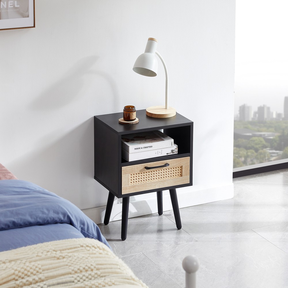 Rattan End Table with Drawer & Solid Wood Legs, Modern Nightstand
