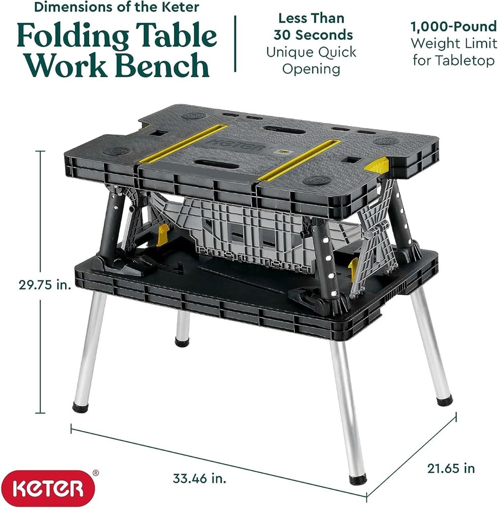 Keter Folding Work Table, Portable Workbench w/ 12" Clamps ,New entry