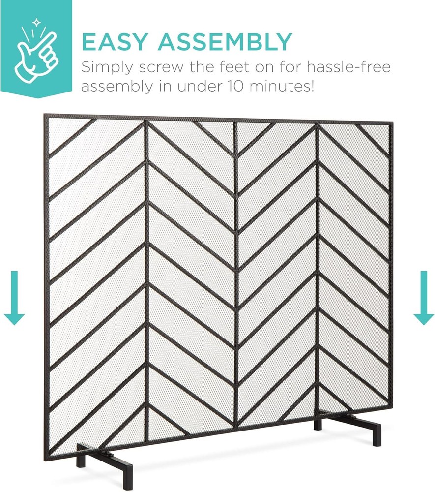 38x31in Single Panel Handcrafted Wrought Iron Mesh Chevron Fireplace Screen Fire