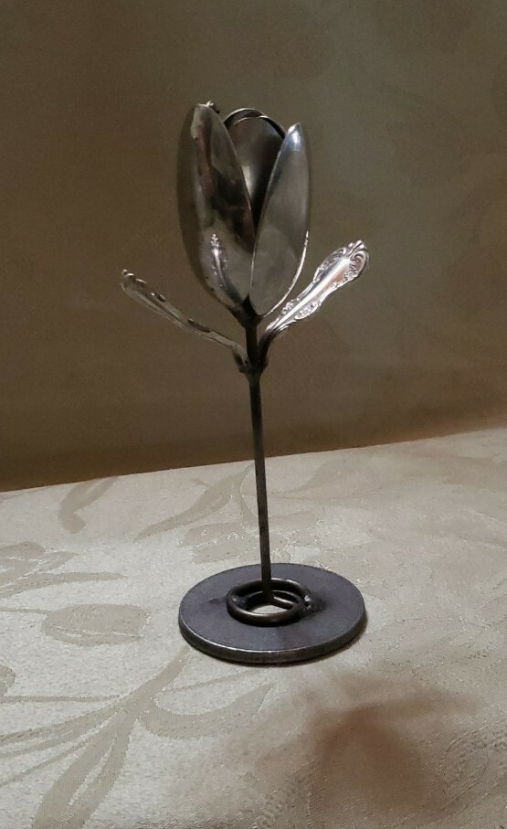 Silver Color, Standing Spoons Rose Decor, Almost 8" Tall