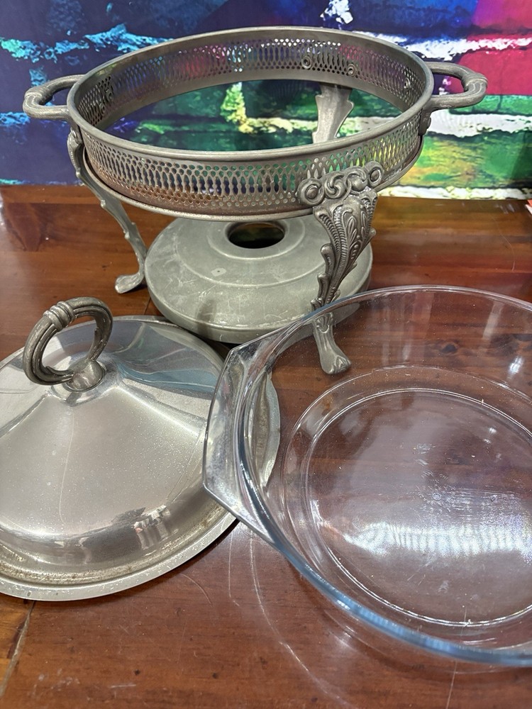 Vtg. Silver-plated Buffet Chaffing Serving Dish With Warmer Glass Insert