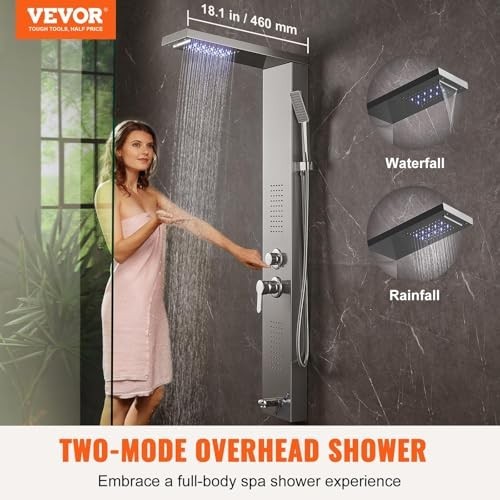 5-Mode Shower Panel System with LED, Rainfall & Waterfall, 2 Body Jets, Handheld