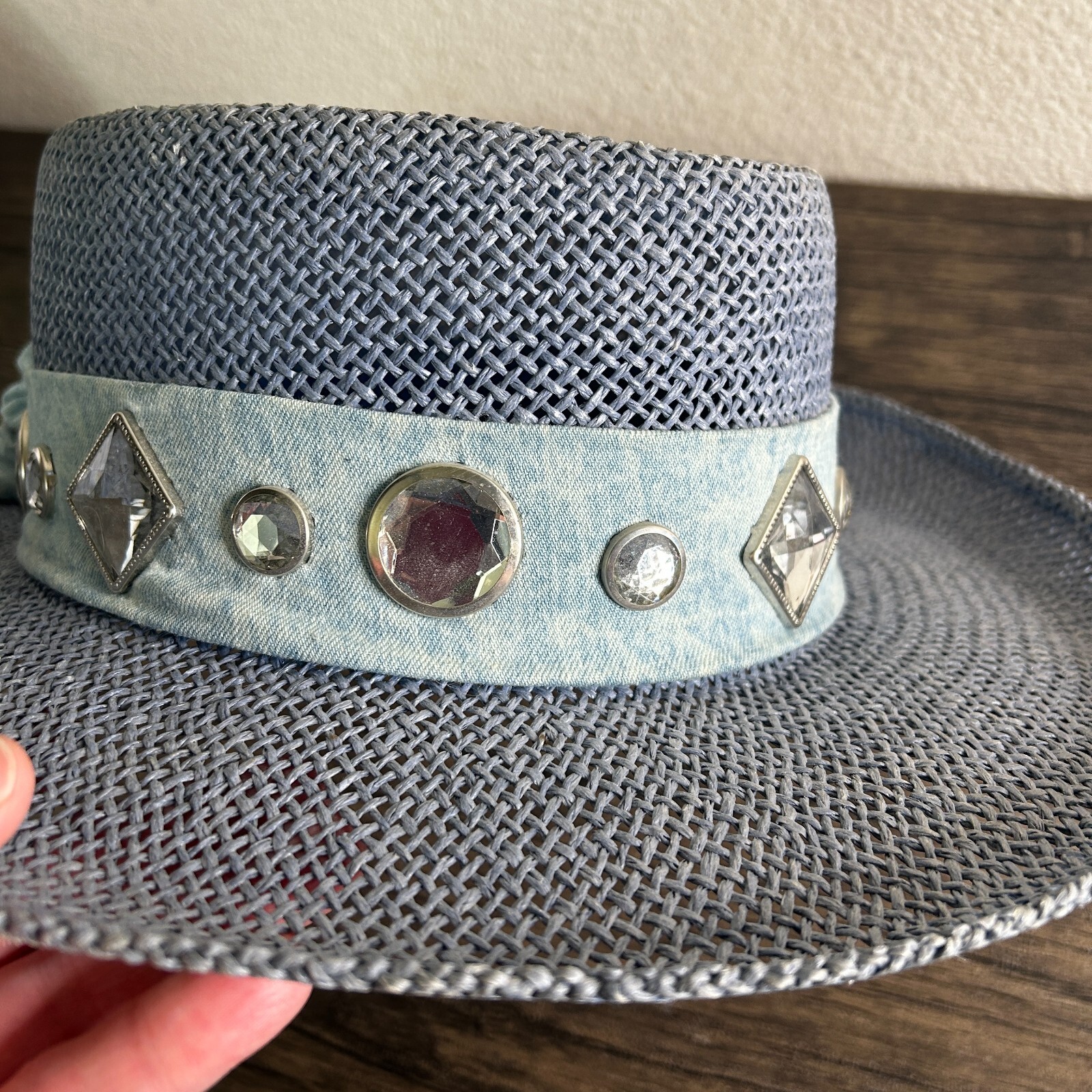 VINTAGE Something Special Straw Hat 1980s Gantos Blue Embellished Derby 3425