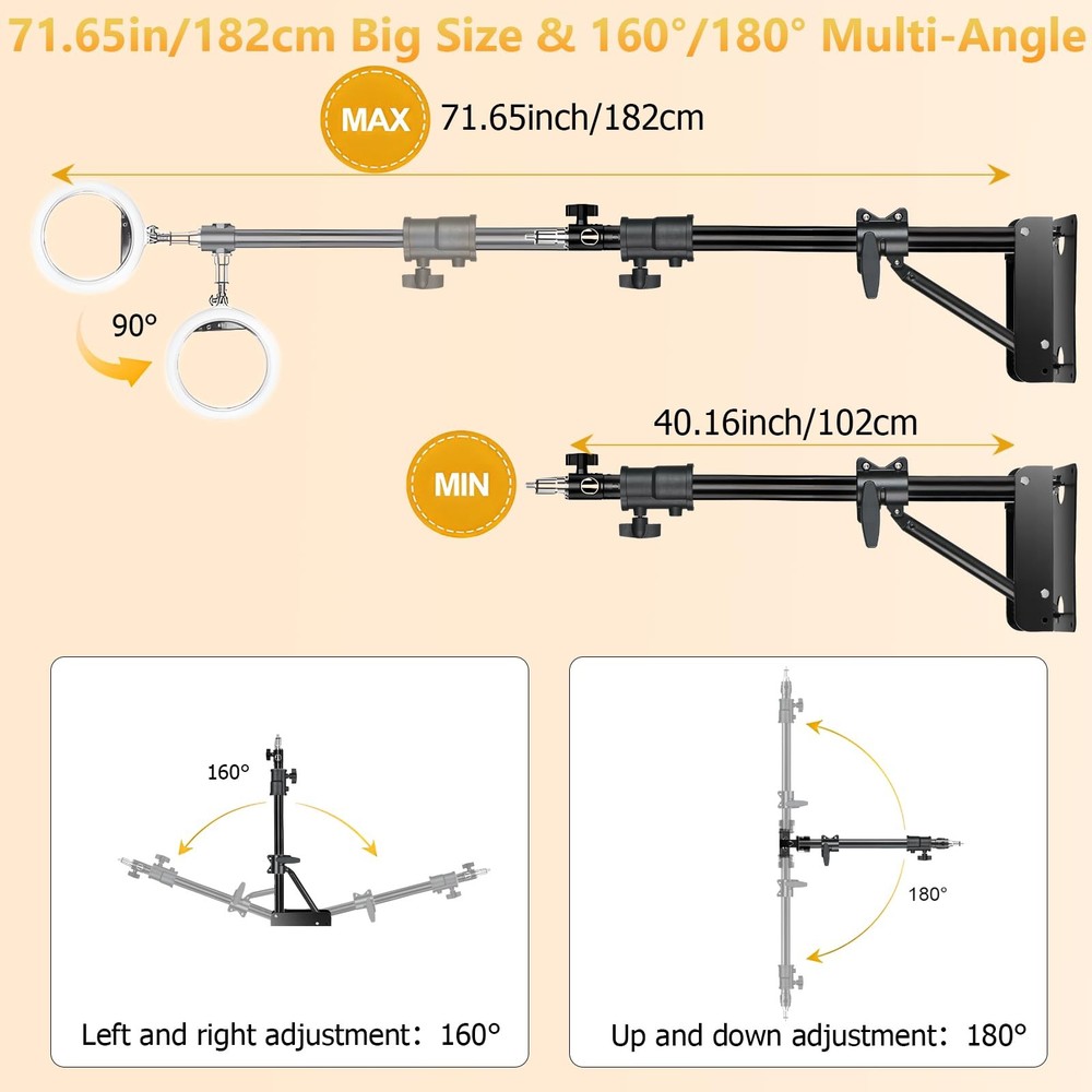 Ring Light Wall Mount, 71.65’’/182cm Wall Mounting Triangle Boom Arm for Stro...
