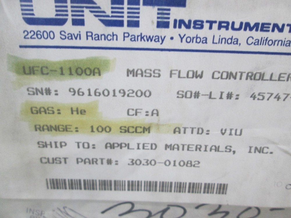 Unit, UFC-1100A, Mass Flow Controller, He, 100 SCCM, New