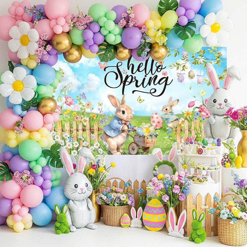 Hello Spring Backdrop Easter Party Banner Greenery Spring Festival Easter Pho...