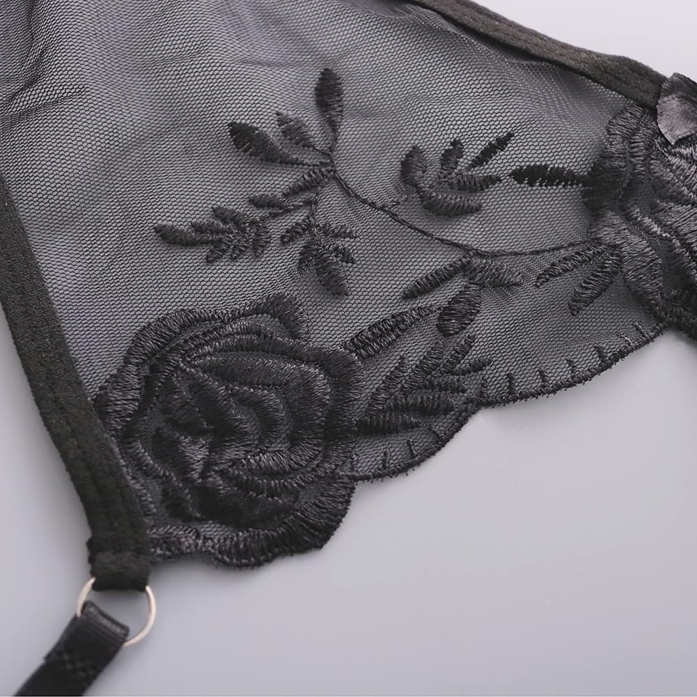 Lace Garter Belt Thong Set for Women Suspender Lingerie with 4 Metal Clips Holde