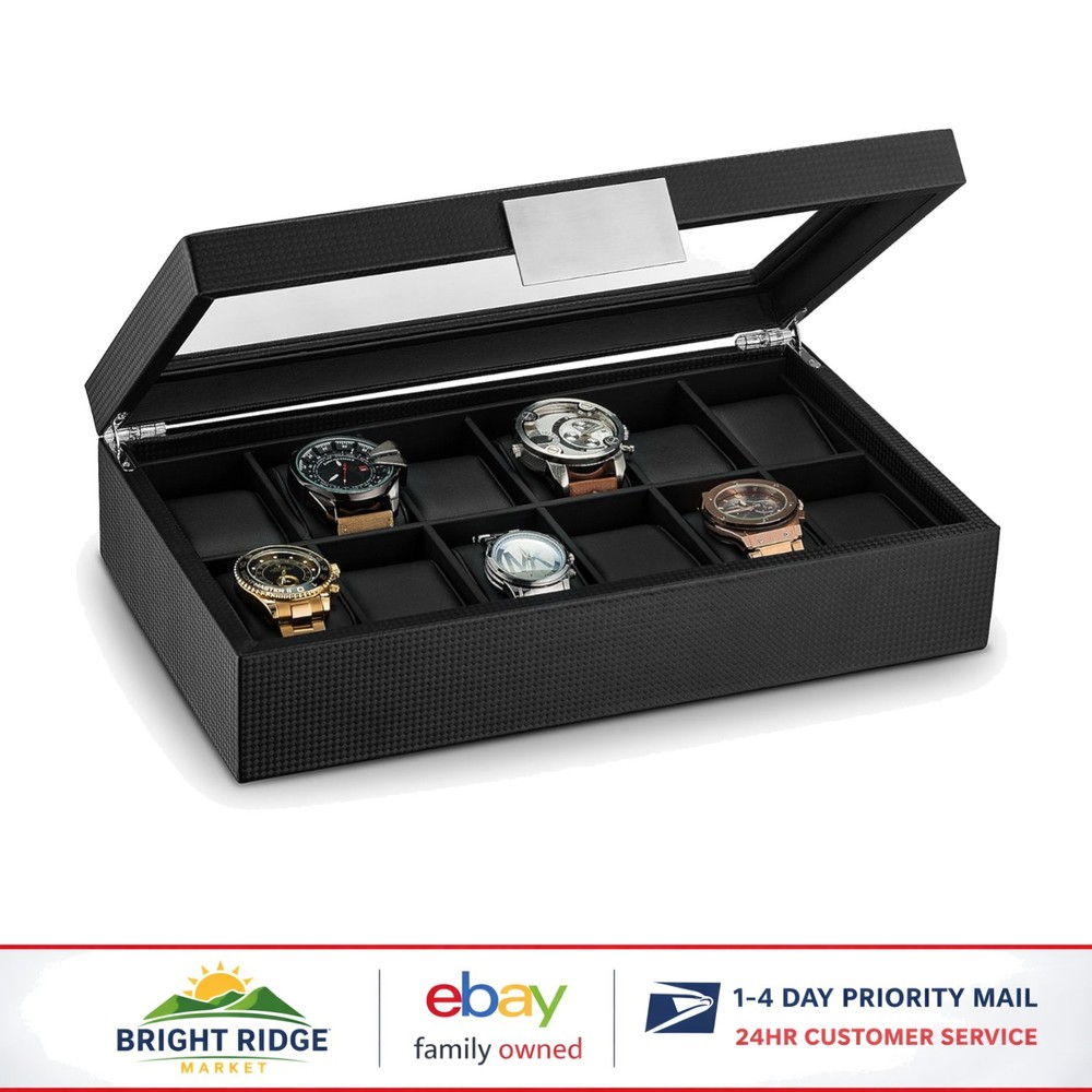 Black Rectangular Watch Case for 12 Timepieces, Luxurious Design and Finish
