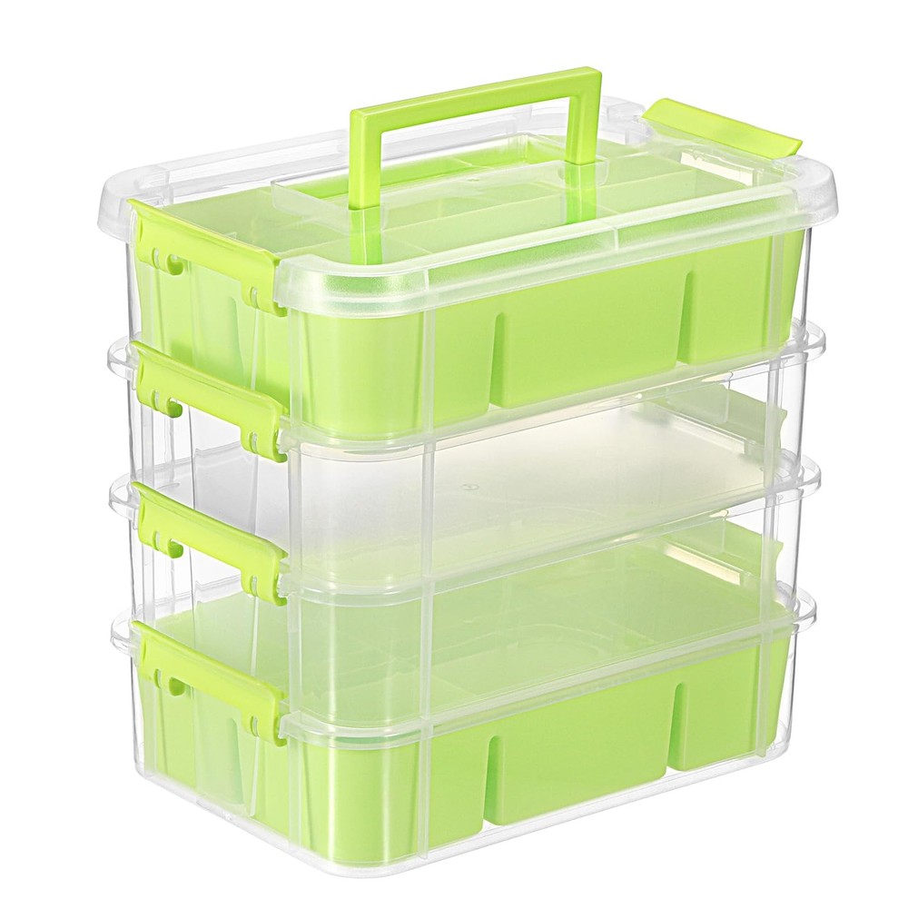 JUXYES 4-Tiers Stack Carry Storage Box With 2 Divided Tray, Transparent Stack...
