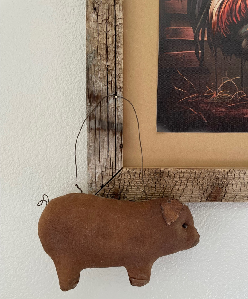 Primitive Farmhouse Decor Stuffed Pig with Wire Hanger