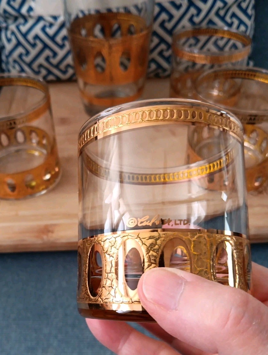 Vtg MCM 60s Culver Antigua Cocktail Shaker Low Ball 5 Pc Barware Set 22k Gold