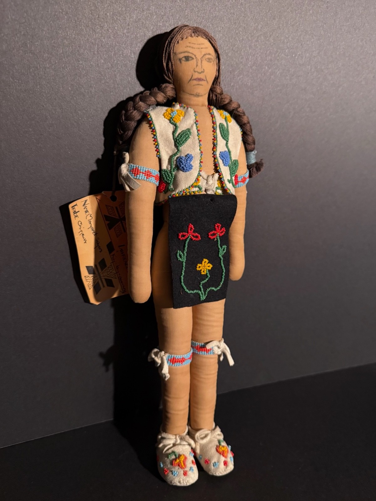 EXCEPTIONAL CHIPPEWA BEADED DOLL, “HASKELL INSTITUTE” TAG, DRAWN FACE, EXCELLENT