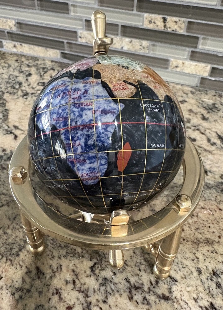 Desk Table Inlaid Gemstone Globe About 5” (g)