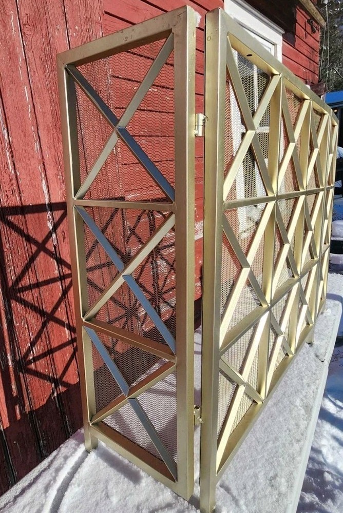 3 Panel Gold Iron Fireplace Screen Modern Lattice Mesh Folding Hearth Guard