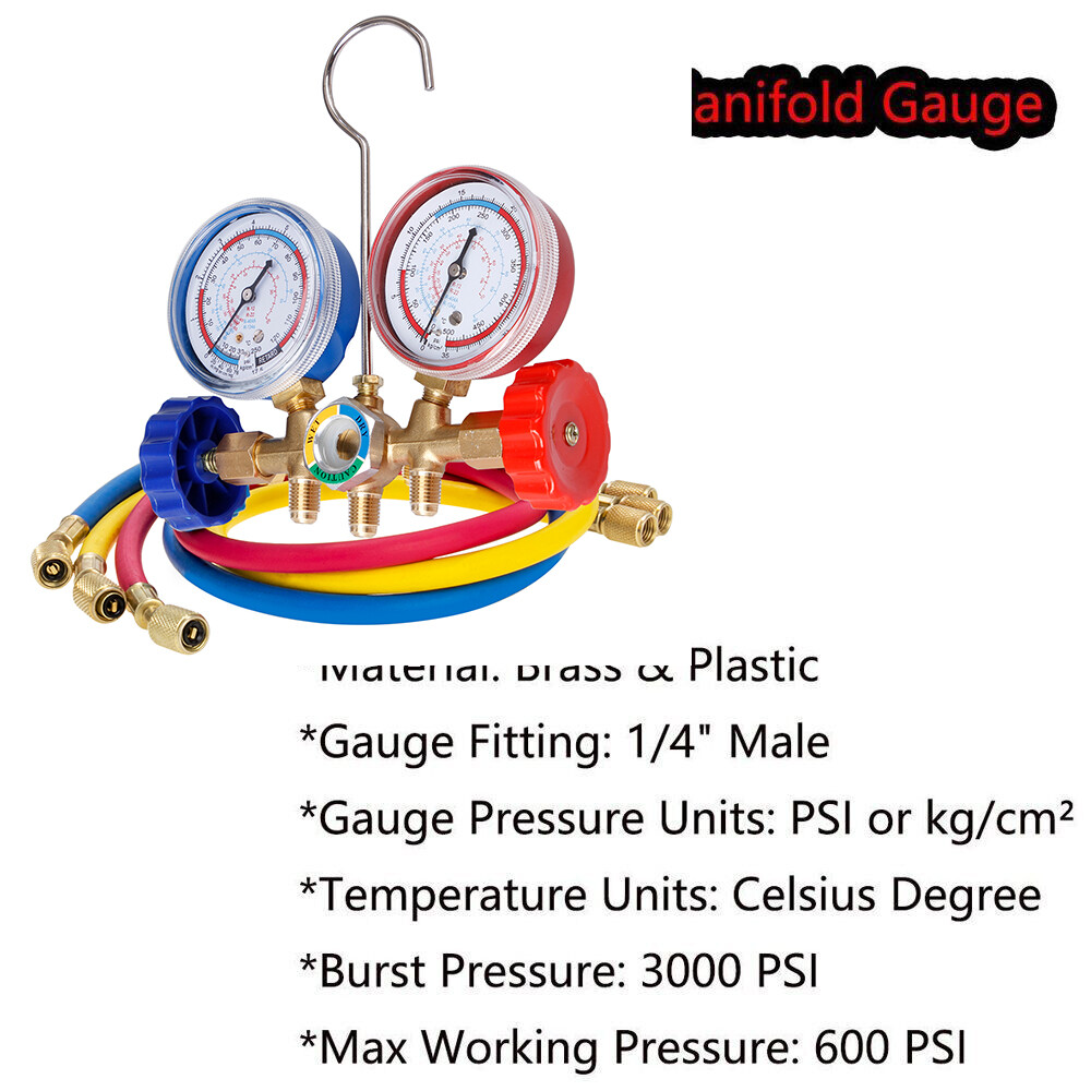A/C HVAC Diagnostic Service Manifold Gauges Set Of 3 Color Hoses For Refrigerant
