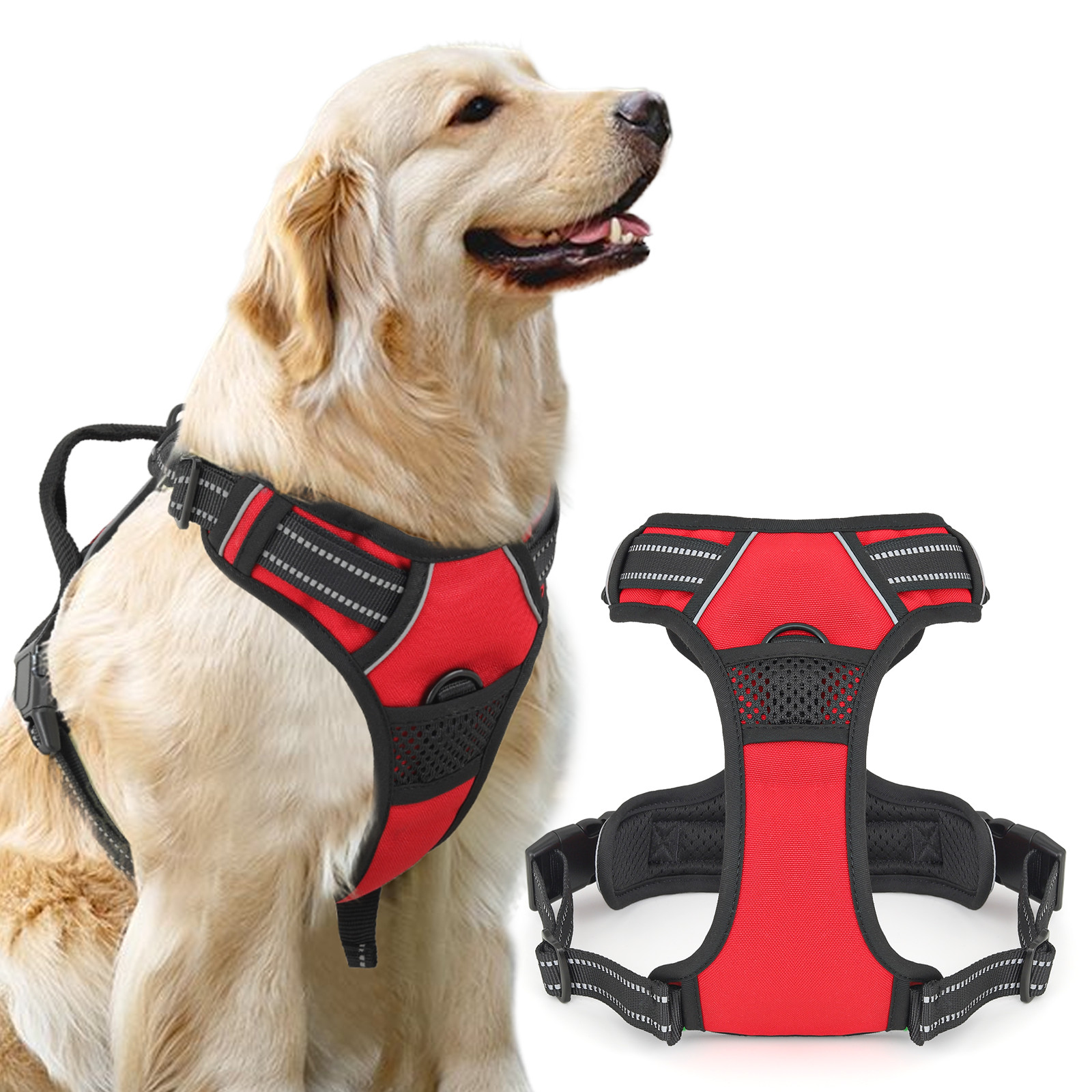 Adjustable Control No Pull Pet Dog Harness Red w/Reflective Strips & Soft Handle