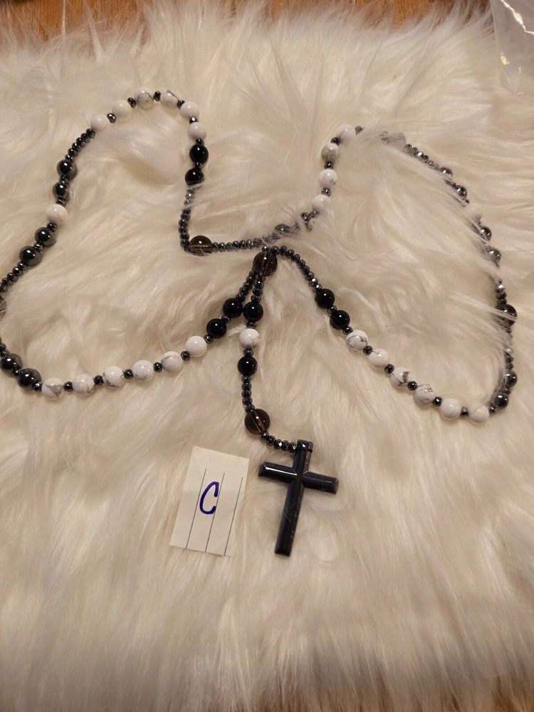 Rosary Natural Crystal Beads , Beautiful Hematite Cross ✝️
