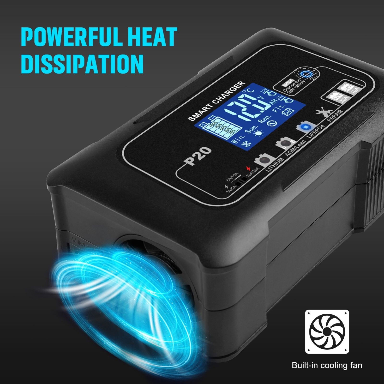 20A 12V/24V Lithium Battery Charger Automatic Maintainer, Trickle Charger Black