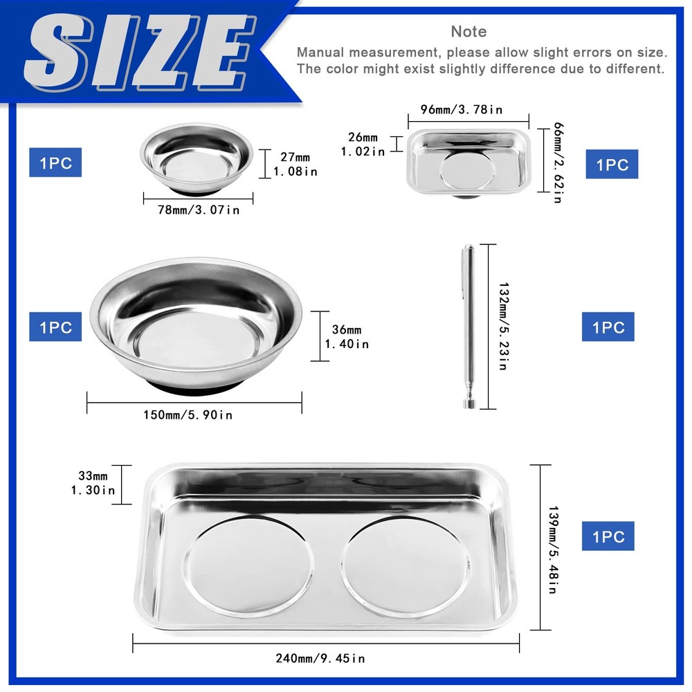 Magnetic Tool Tray Set - Round & Rectangular Bowls with Pickup Tool 5-Pcs