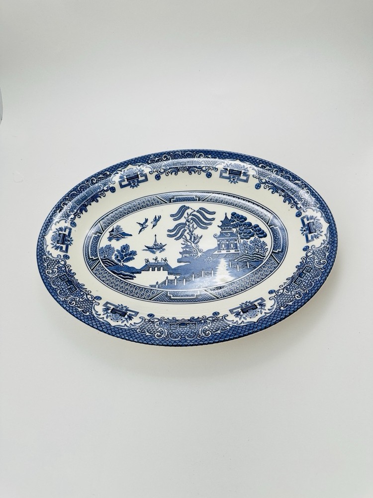 Blue White Willow Pattern Oval Ceramic Platter Asian Theme Serving Dish