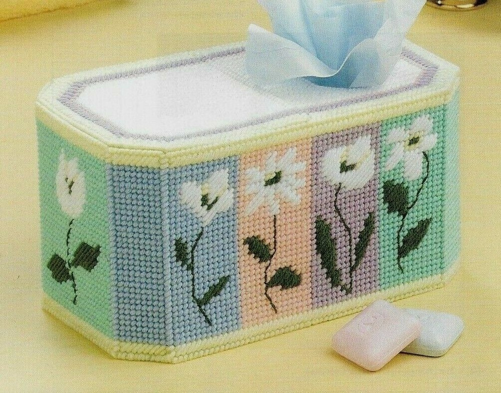 STYLIZED FLOWERS TISSUE & BATH TISSUE HOLDER PLASTIC CANVAS PATTERN INSTRUCTION
