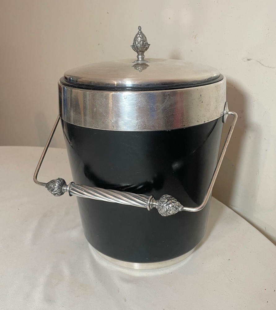vintage ornate Reed and Barton silverplate black bakelite lidded ice bucket jar