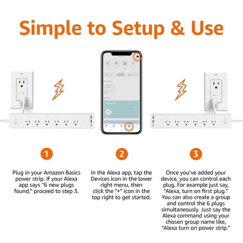 Amazon Basics Smart Plug Power Strip with 6 Individually 1 pack, White