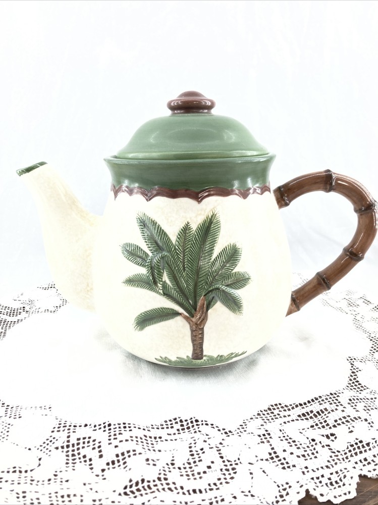 Vigor Palm Tree￼ Ceramic Teapot Bamboo Look Handle