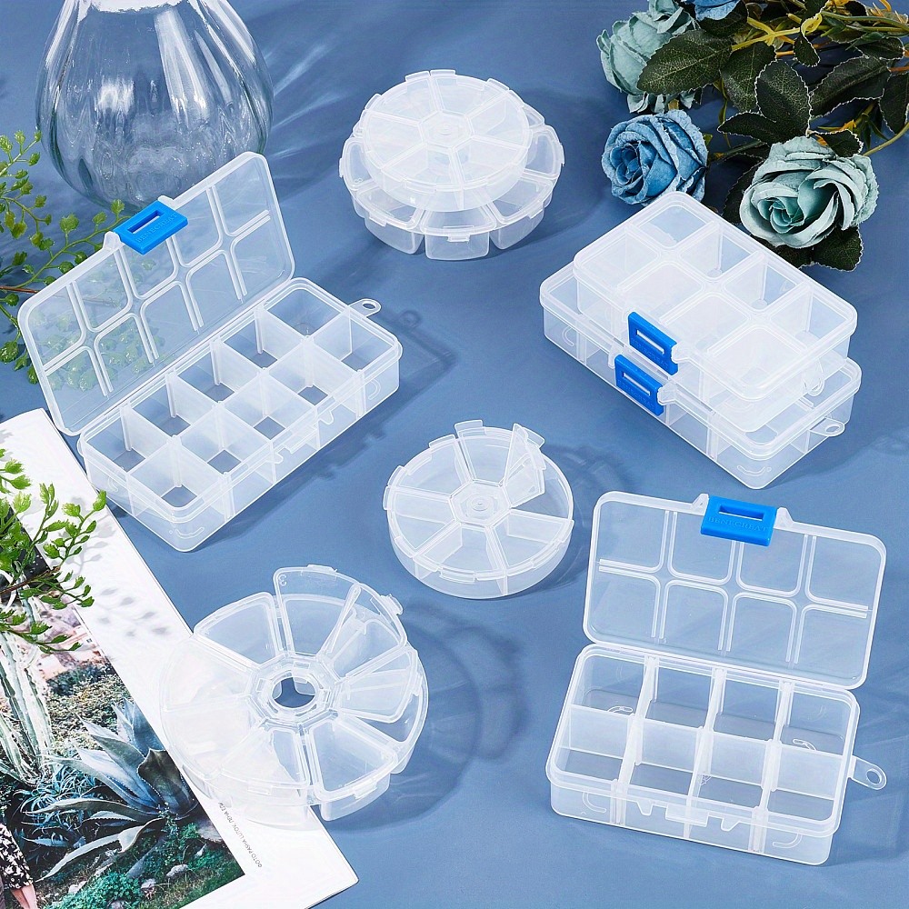 1set 8pcs Plastic Bead Storage Containers Flat Round and Rectangle Clear