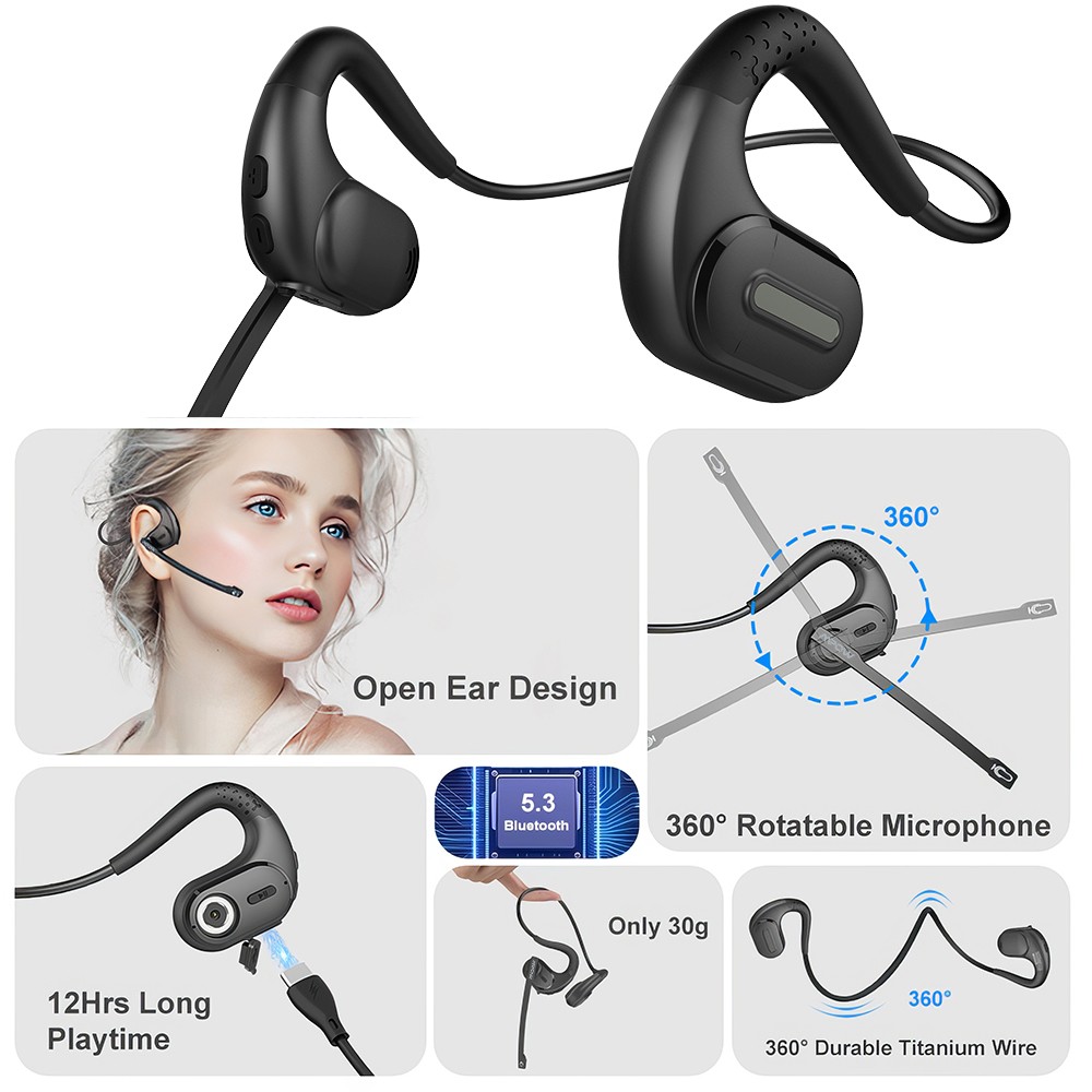 Mpow Bluetooth Headset Open Ear Headphones with Removable Noise Cancelling Mic