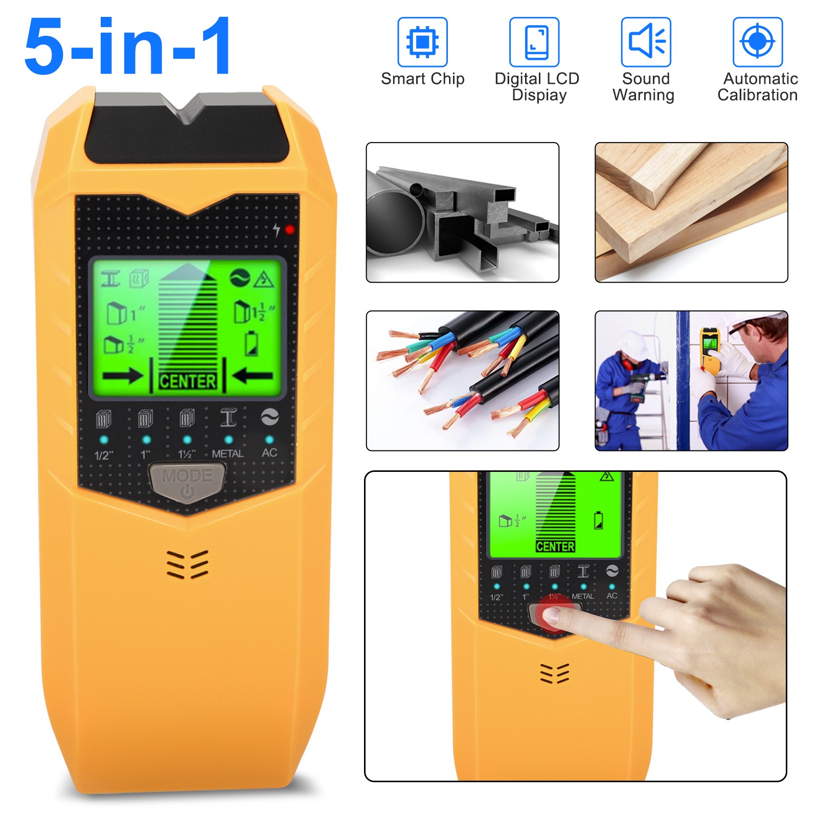 5 in 1 Digital Stud Finder Wood Metal Pipe Wire Wall Scanner Sensor LCD Detector