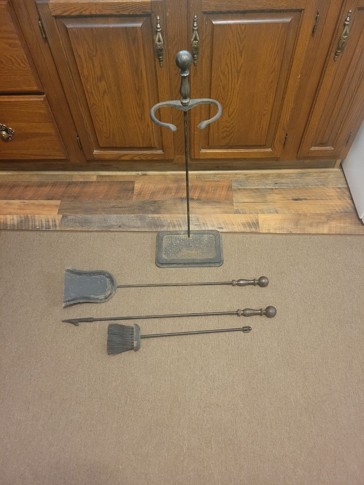 Vintage Antique Solid Brass Hand Forged Fireplace 3 Tools with Stand Set