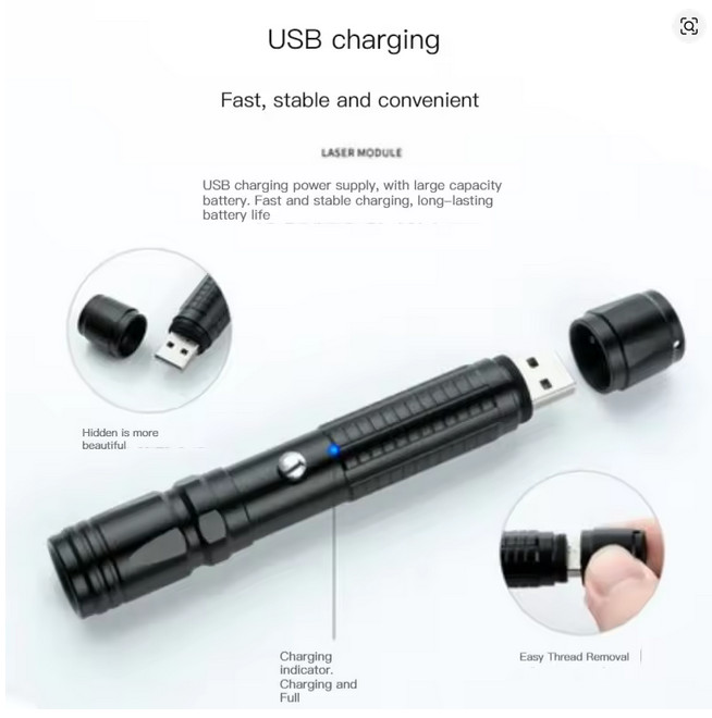 USB Rechargeable Presentation Laser Pointer Green Visible Light Beam Black Body