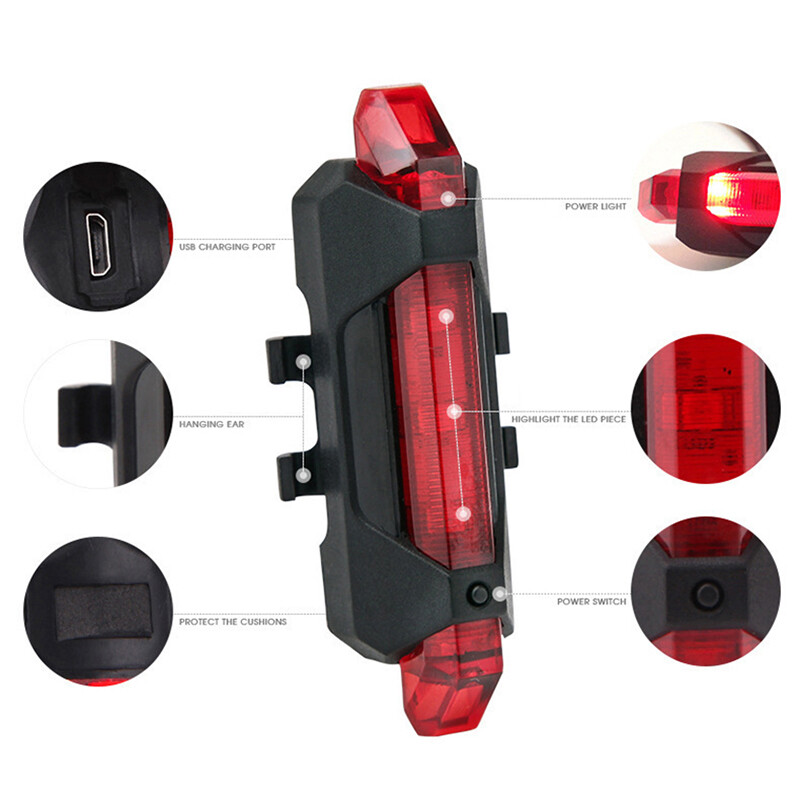 USB Rechargeable Head & Tail Light Set, 4 Modes, LED, Waterproof, Black