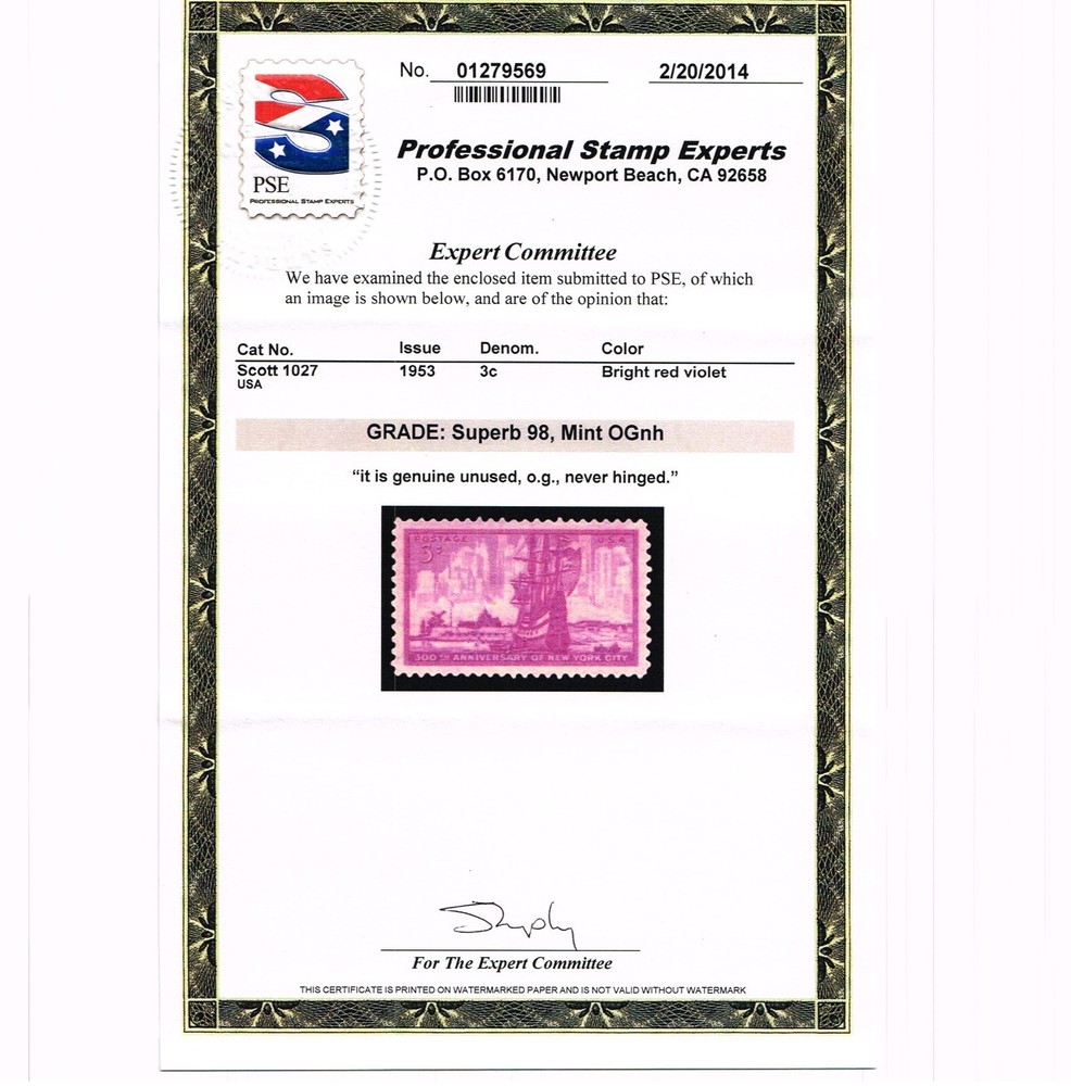 EXCEPTIONAL GENUINE SCOTT #1027 MINT PRISTINE OG NH PSE CERT GRADED SUPERB 98