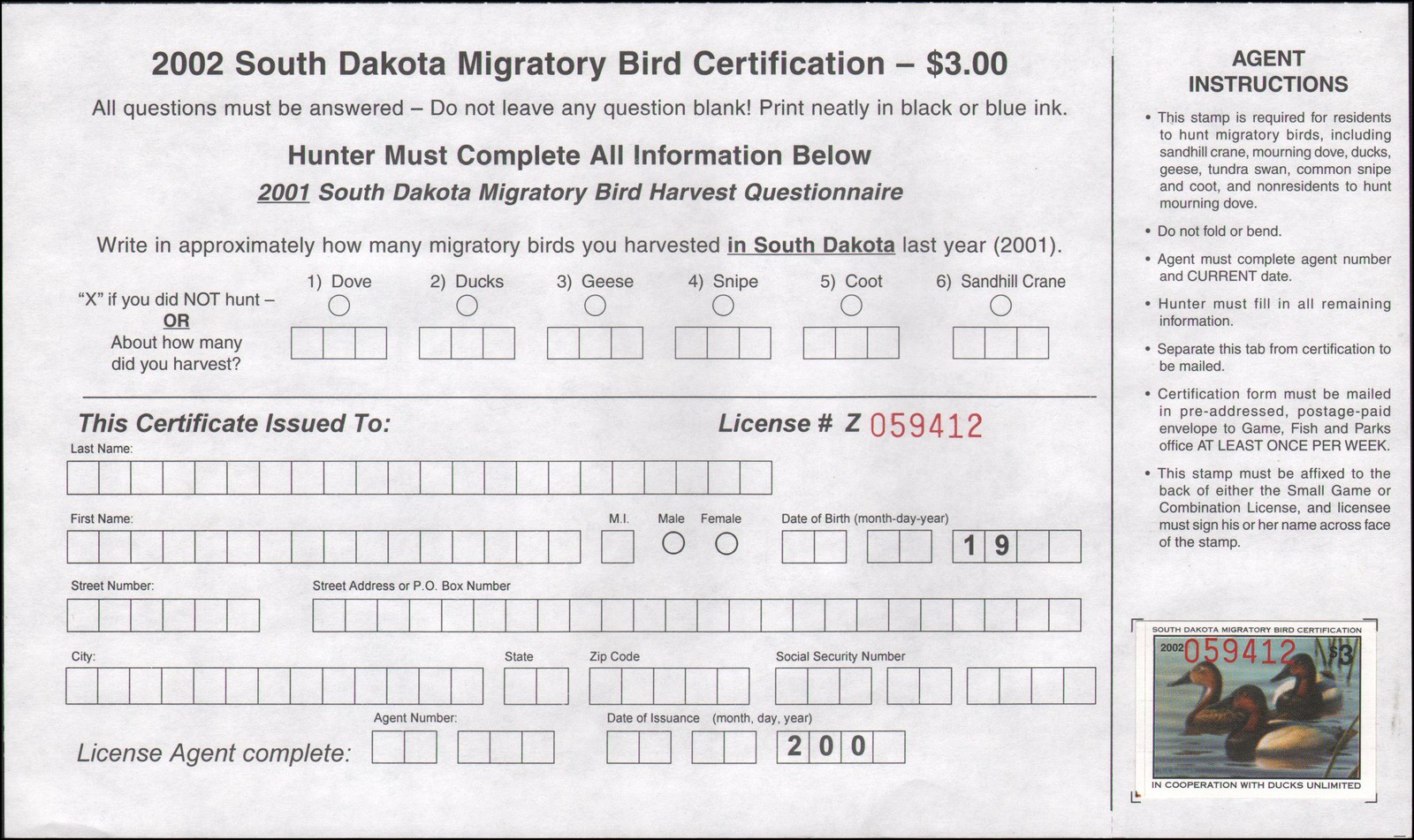 US state revenue-South Dakota MNH 2002 duck stamp with certification