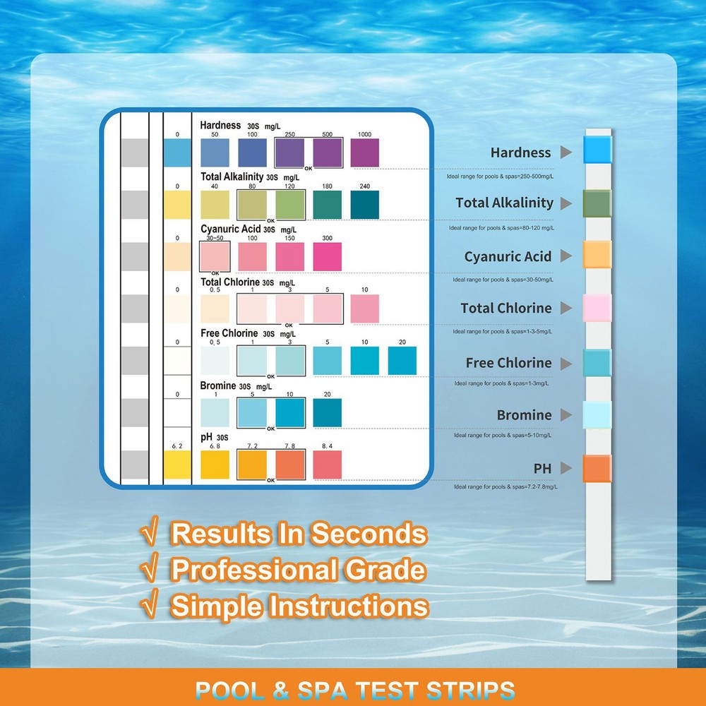 100Pcs 7 IN 1 Pool Water Testing Strips Multifunctional Hot Tub Quick Tester