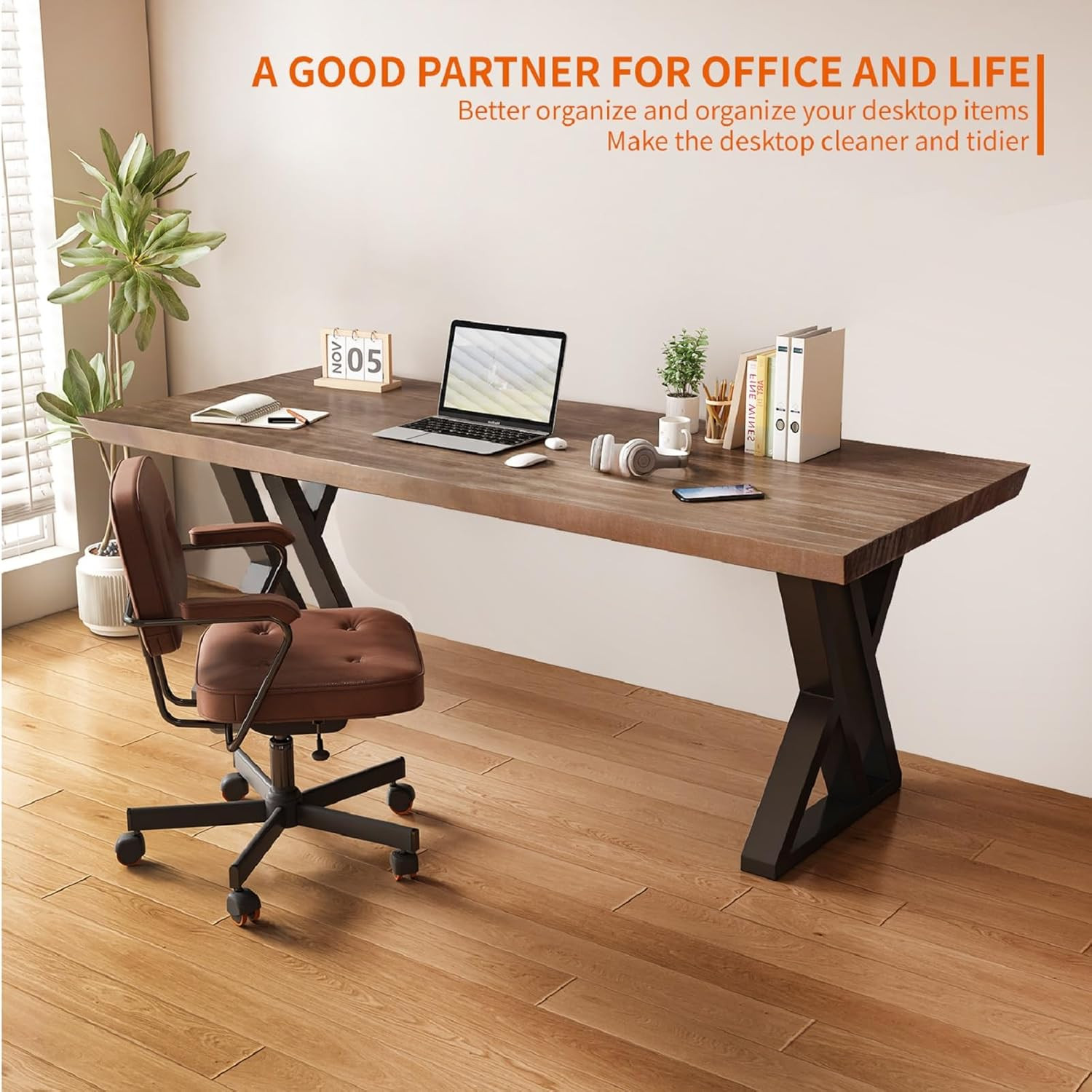 Solid Wood and Metal Modern Industrial 55 Inch Wide Home Office Desk, Writing Ta