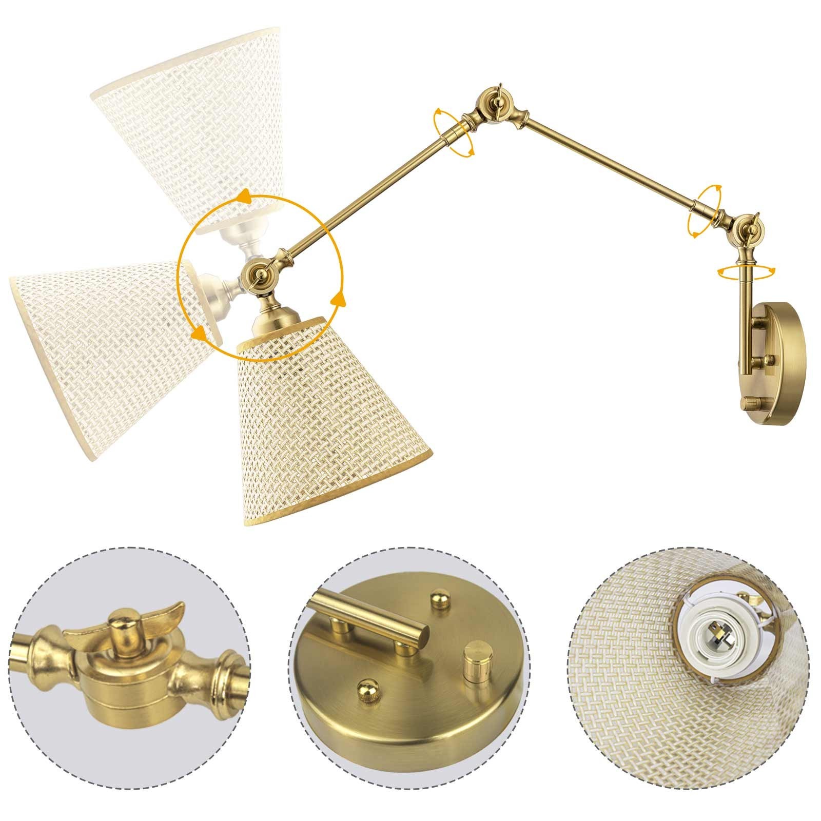 2pcs Vintage Gold Swing Arm Wall Sconce Dimmable Adjustable Arm for Reading