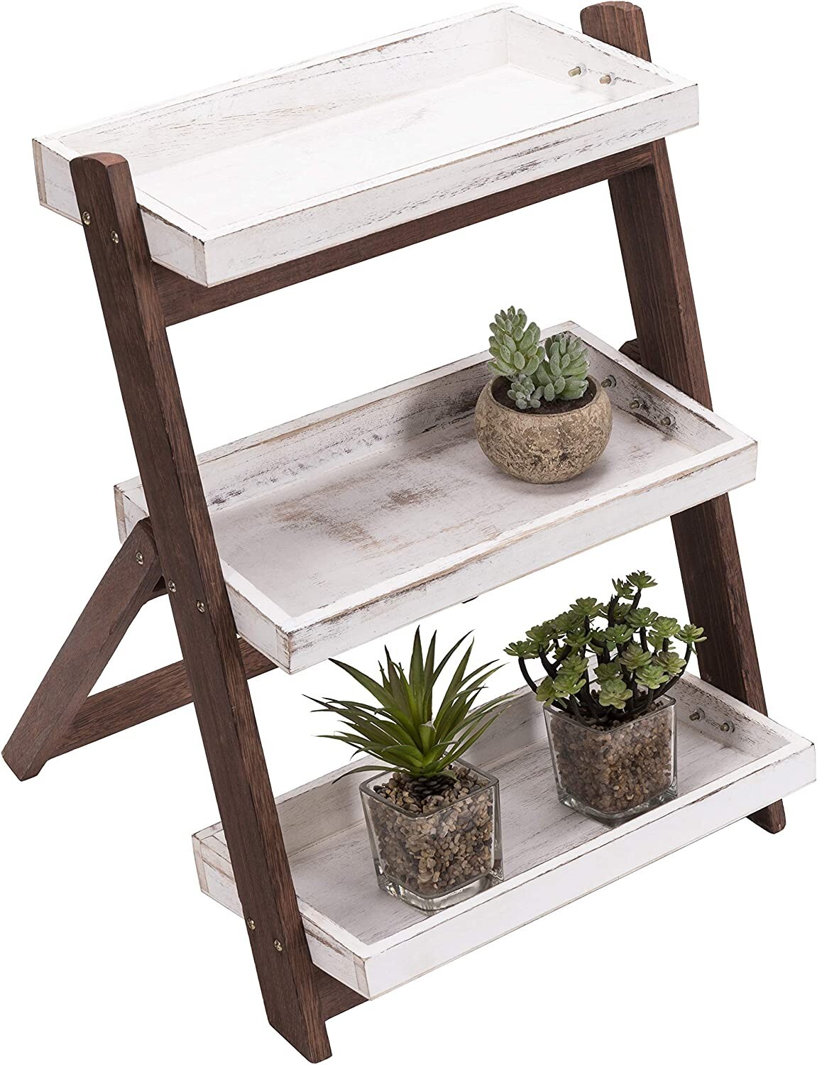 Burnt Brown Wood 3-Tier Shelf Stand, Freestanding Ladder Shelf, Display Stand